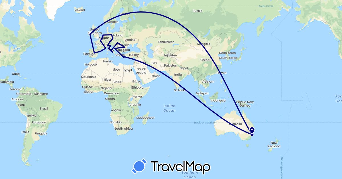TravelMap itinerary: driving in Australia, Belgium, Czech Republic, Germany, Spain, France, Greece, Croatia, Hungary, Ireland, Italy, Monaco, Netherlands, Romania (Europe, Oceania)